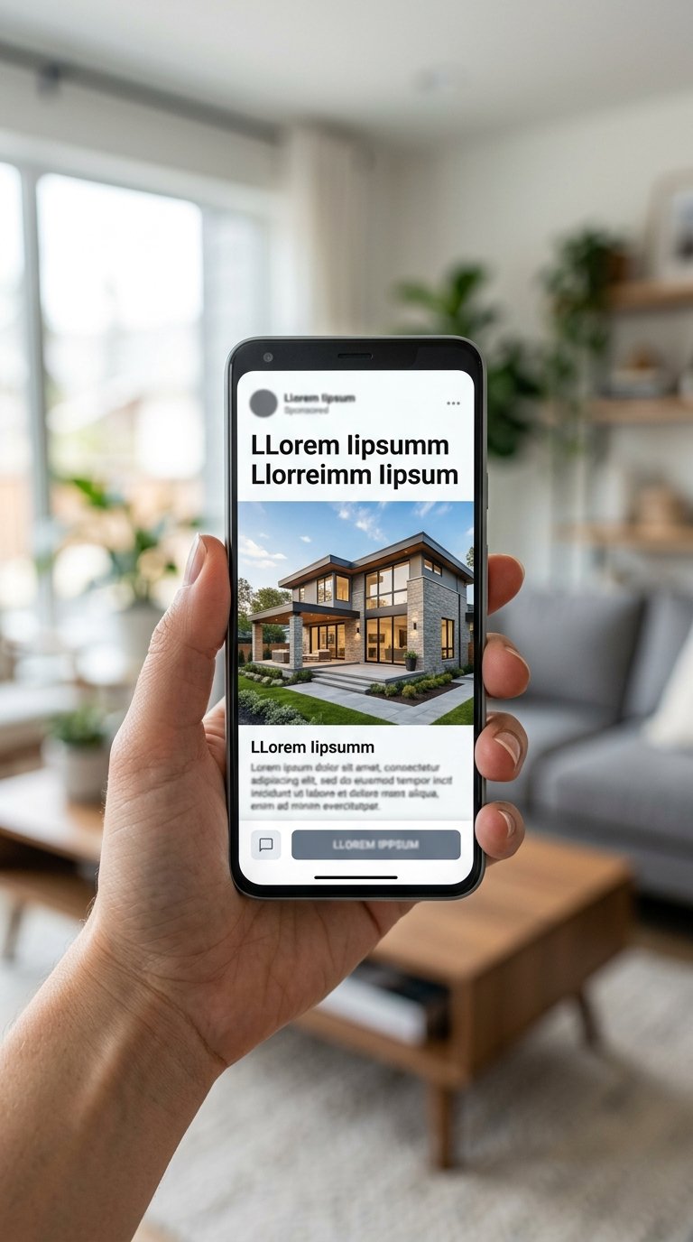 Exemplo ilustrativo de anúncio de imóvel visto no celular, com foco em headline e imagem do imóvel