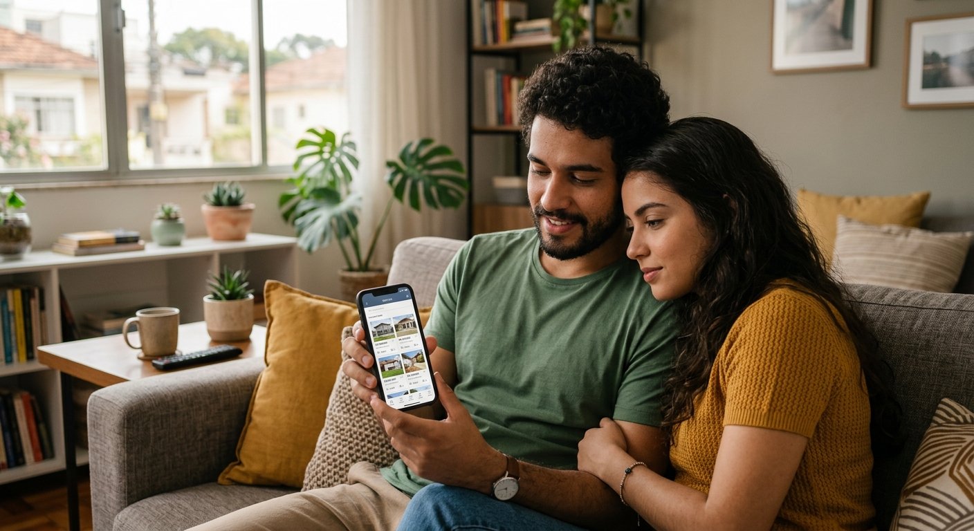 Casal usando o celular para buscar imóveis em um aplicativo de listagens