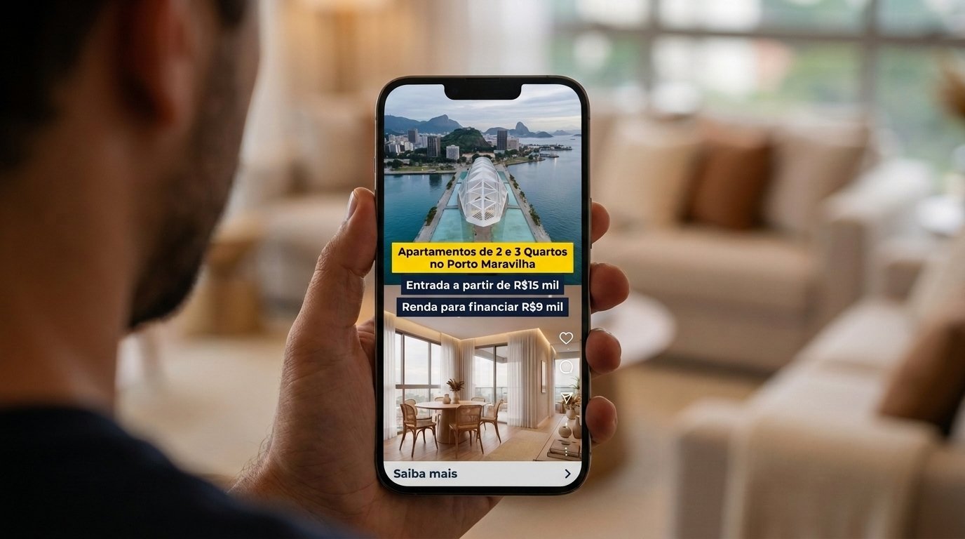Mão segurando celular exibindo anúncio de apartamentos de 2 e 3 quartos no Porto Maravilha no feed do Instagram Reels, com botão Saiba mais