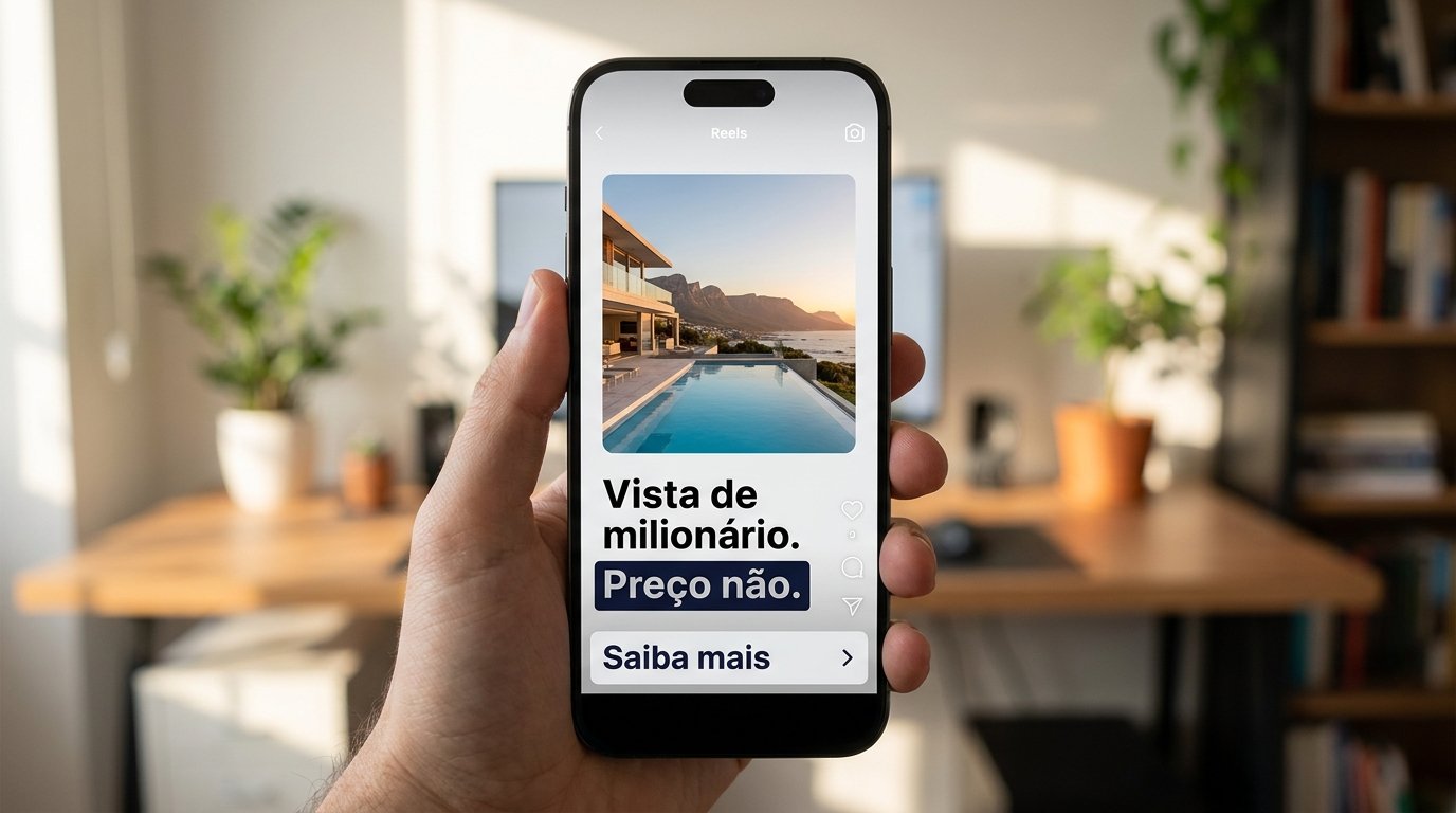Mão segurando celular exibindo anúncio de imóvel com headline Vista de milionário, filtro Preço não e botão Saiba mais